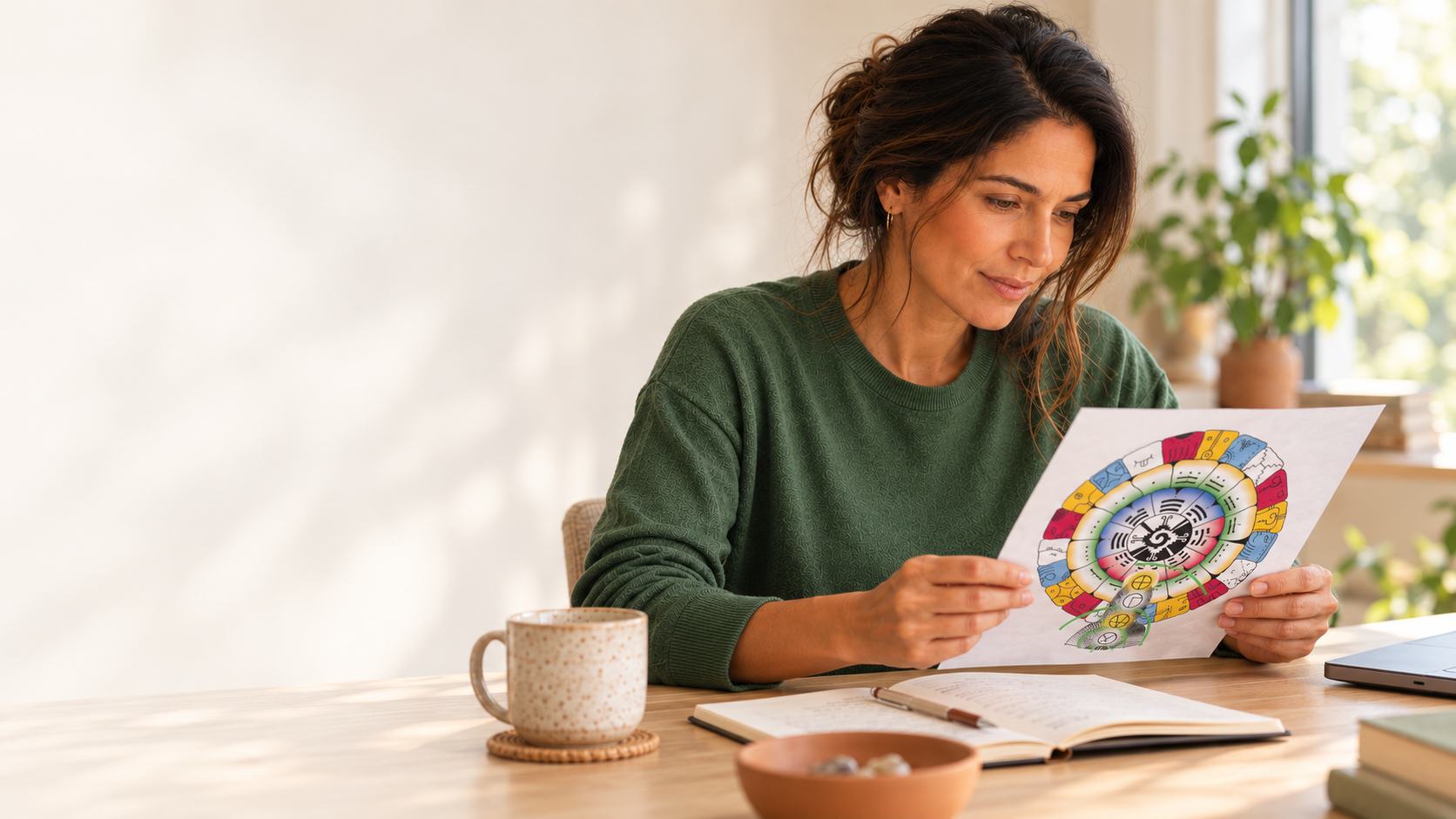 Amaia estudiando una lámina del sincronario Tzolkin